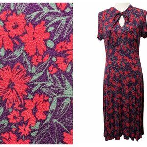 Modcloth Womens Size L Purple Red Floral Pleasant Confidence Tie Neck S/S Dress
